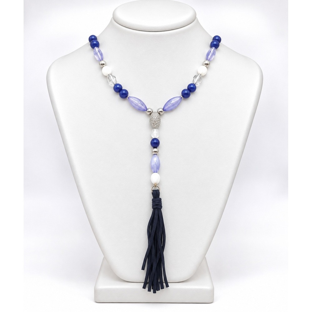 INC International Concepts Beaded Faux Suede Tassel Y-Necklace Blue Purple 32"